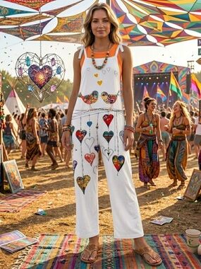Unbranded Boho Bird & Hearts Graphic Print Jumpsuit Overalls White XXL Wide Leg